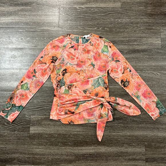 Ala Von Auersperg Mesh Top Taj Floral Print Sheer Long Sleeve Tie Waist Pink M - Picture 4 of 16